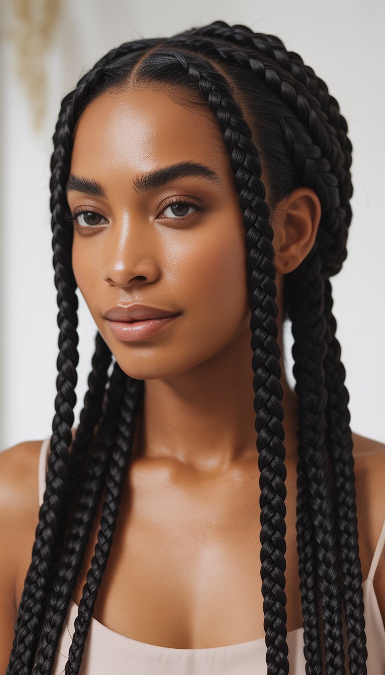 A Black woman with double French braids looking confidently at the camera against a plain background.